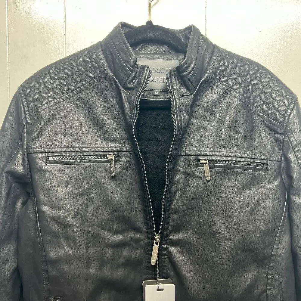American Breed Men's Faux Leather Faux Fur Lining Black Jacket Size Medium